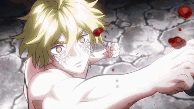 a man with blonde hair and a tattoo on his face is holding a sword in his hand .