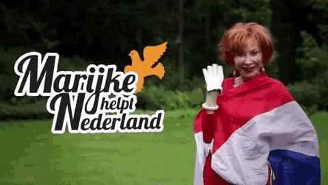 a woman holding a dutch flag in front of a marieke helpt nederland sign