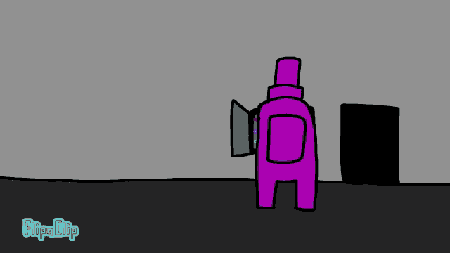 a cartoon of a purple among us character standing next to a black door .