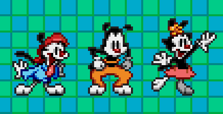 a pixel art of three cartoon characters on a blue and green background