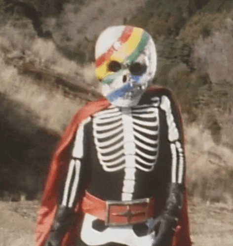 a person dressed as a skeleton with a red cape and a rainbow mask .