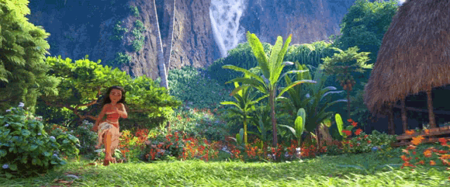 a little girl is standing in a lush green garden with a waterfall in the background