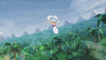 a cartoon of a person flying through the air in a jungle