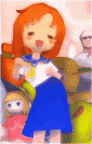 a cartoon girl with orange hair and a blue skirt is standing in front of a group of dolls