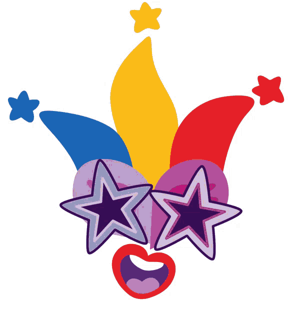 a cartoon drawing of a clown 's hat with stars and music notes