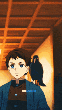 a boy with a bird on his shoulder has the word aqurr on the bottom