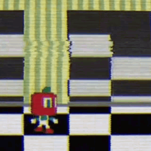 a pixelated cartoon character is walking on a checkered floor .