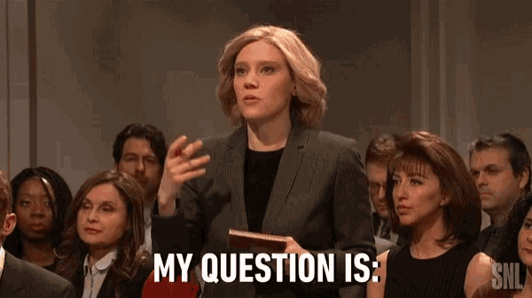a woman is giving a speech and says my question is