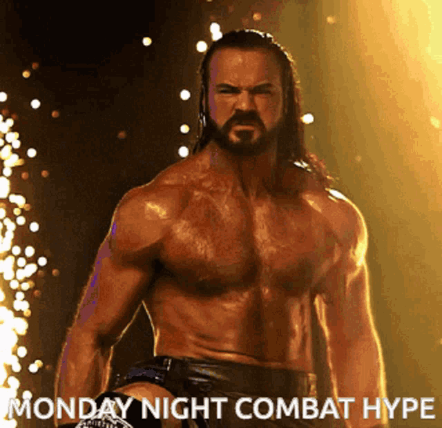 a man without a shirt is standing in front of a monday night combat hype poster