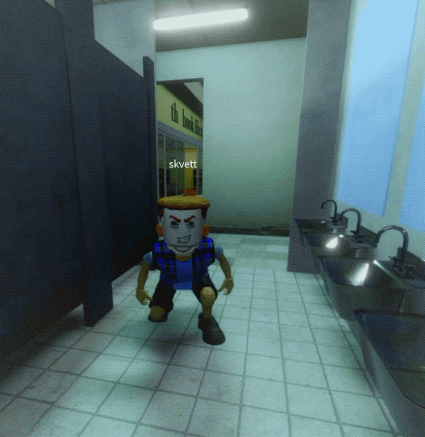 a cartoon character in a public restroom with the name skvett