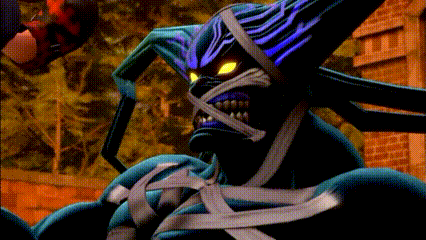 a video game character with a purple head and a white ribbon around his neck