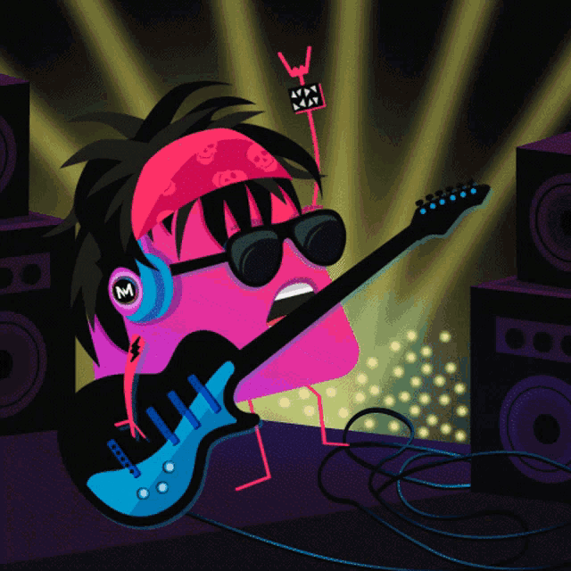 a cartoon drawing of a person playing a guitar with the letter m on his ear