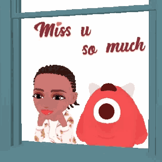 a cartoon of a girl and a red monster with the words miss u so much above them