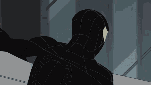 a black spiderman with a greek key pattern on the back of his suit