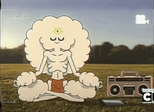 a cartoon character is sitting in a lotus position in front of a boombox