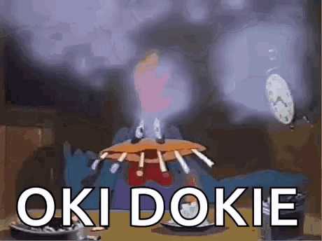 a cartoon of a man smoking a cigarette with the words oki dokie on the bottom