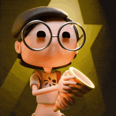 a cartoon character wearing glasses and a hat holds a cone