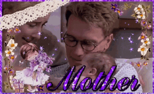 a picture of a man holding a baby with the word mother written in purple