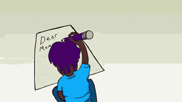 a cartoon drawing of a man with purple hair and a blue shirt
