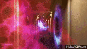 a computer generated image of a hallway with purple and pink lights .