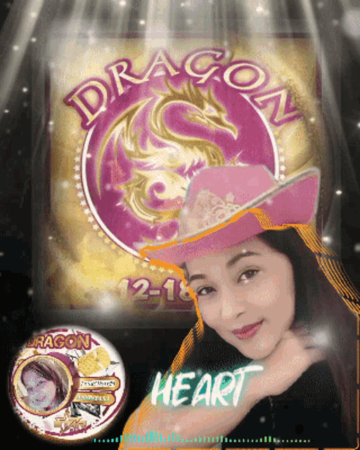 a woman wearing a pink cowboy hat is standing in front of a dragon logo