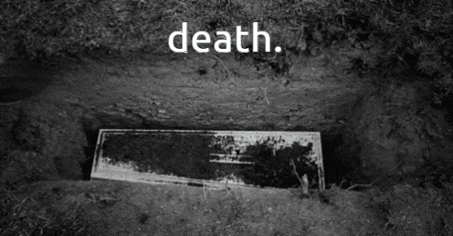 a black and white photo of a coffin in the dirt with the words death written above it