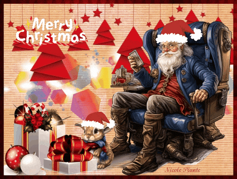 a merry christmas greeting card with a santa claus and a rabbit