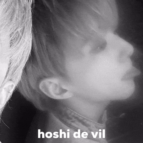 a close up of a person 's face with the words hoshi de vil above it