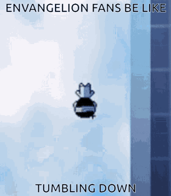 a picture of a cartoon character flying through the air with the caption " en evangelion fans be like tumbling down "