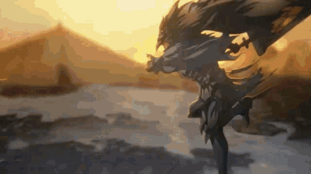 a painting of a monster flying over a body of water .