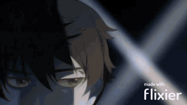 a blurred image of a person 's face with the words made with flixier below it