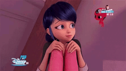 a cartoon girl is sitting on a bed with her legs crossed and looking at the camera .
