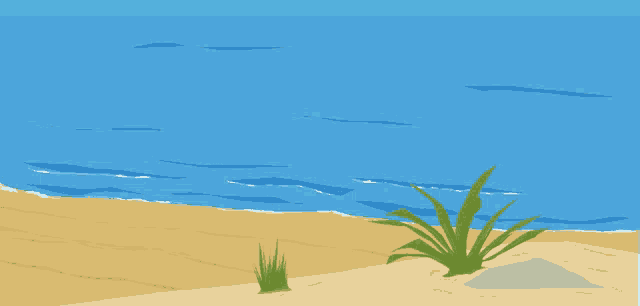 a cartoon drawing of a sandy beach with a rock in the foreground