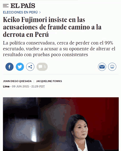 a newspaper article about keiko fujimori is written in spanish