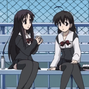 two anime girls are sitting on a bench and talking