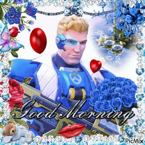 a picture of a man holding a gun with the words good morning on it