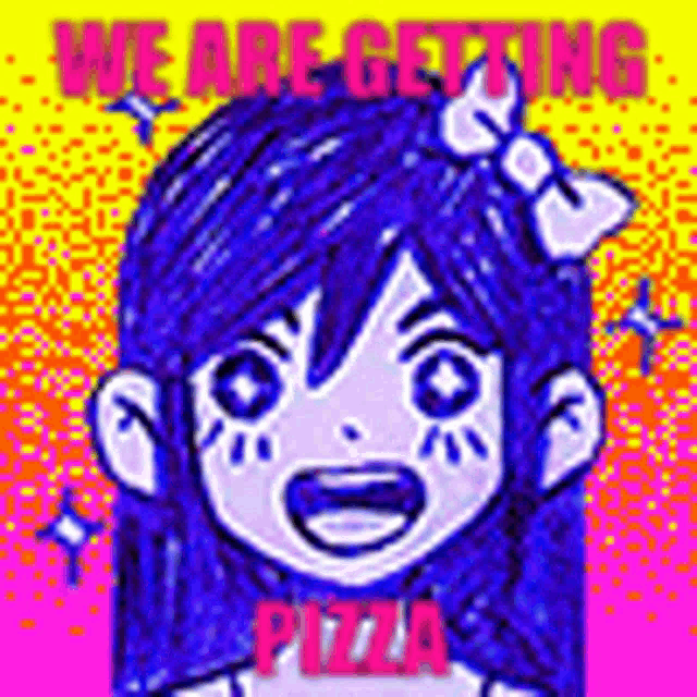 a cartoon girl with blue hair and a bow on her head is smiling and says `` we are getting pizza '' .
