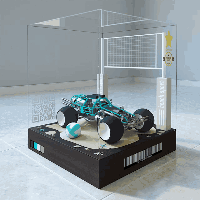 a toy car in a glass case with the word beach sport on it