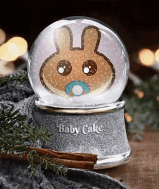 a baby cake snow globe with a bunny inside of it