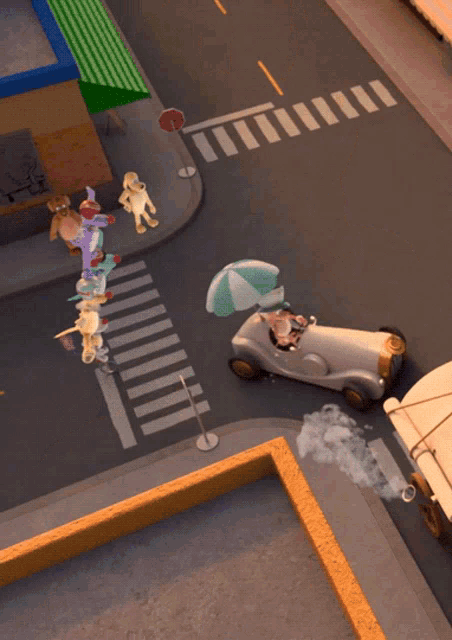 a cartoon character holding an umbrella is driving down a street