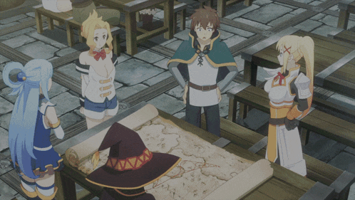 a group of anime characters standing around a table with a map on it