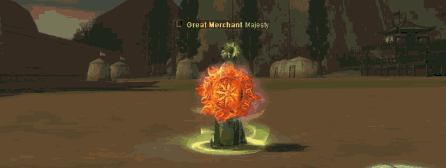 a video game character named great merchant majesty is surrounded by flames