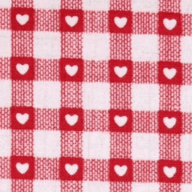 a close up of a red and white checkered fabric with hearts on it