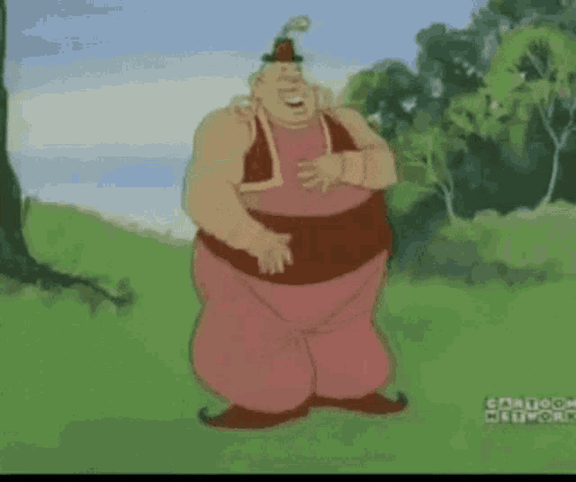 a cartoon of a fat man kneeling down in the grass with a cartoon network logo in the corner