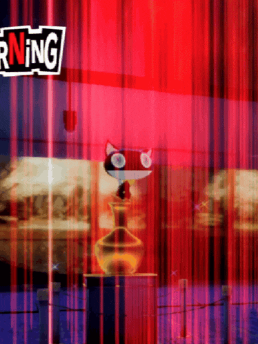 a red curtain with a sign that says warning on it