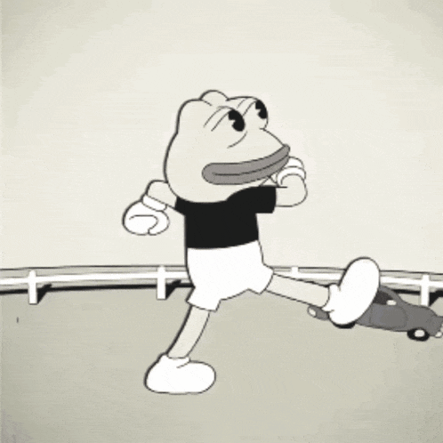 a black and white cartoon of a frog with a house in the background