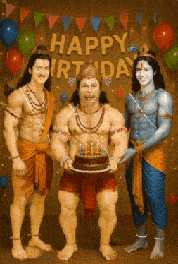 a painting of three gods holding a cake in front of a happy birthday banner