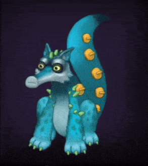 a blue monster with yellow spikes on its tail is sitting down .