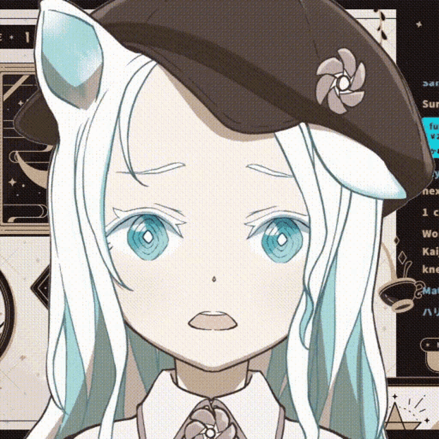 a girl with white hair and blue eyes is wearing a hat