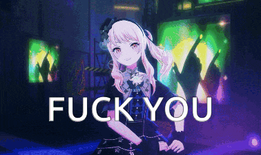 a girl in a black dress is standing in front of the words fuck you